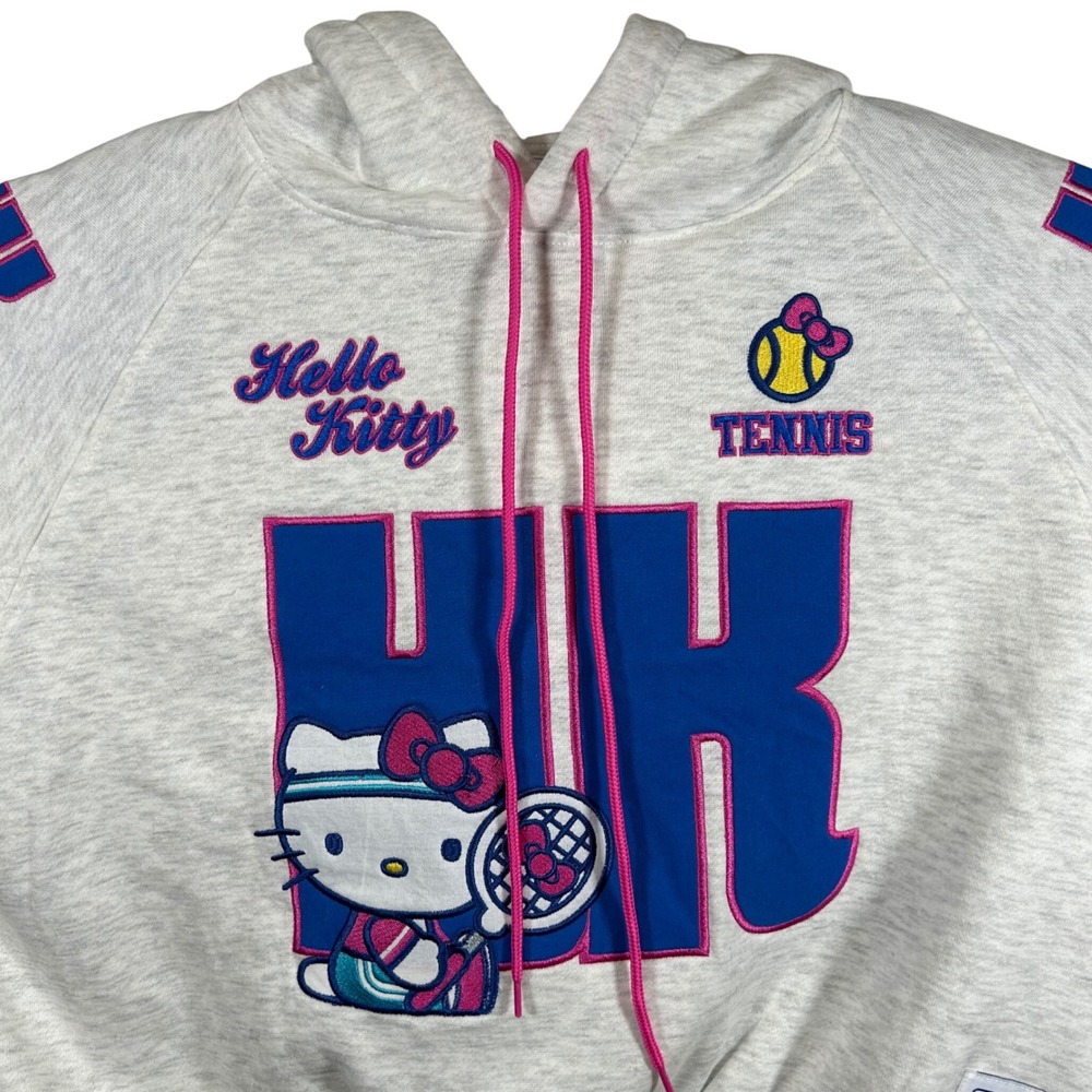 Hello Kitty Tennis Cropped Hoodie Ash‎ Heather Grey Pink Blue Sanrio Large NEW